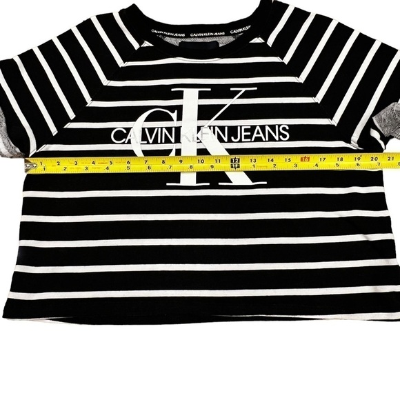 CALVIN Klein Black Striped Cotton Blend Boat Neck Short Sleeve Crop Top, Size M - Picture 5 of 12